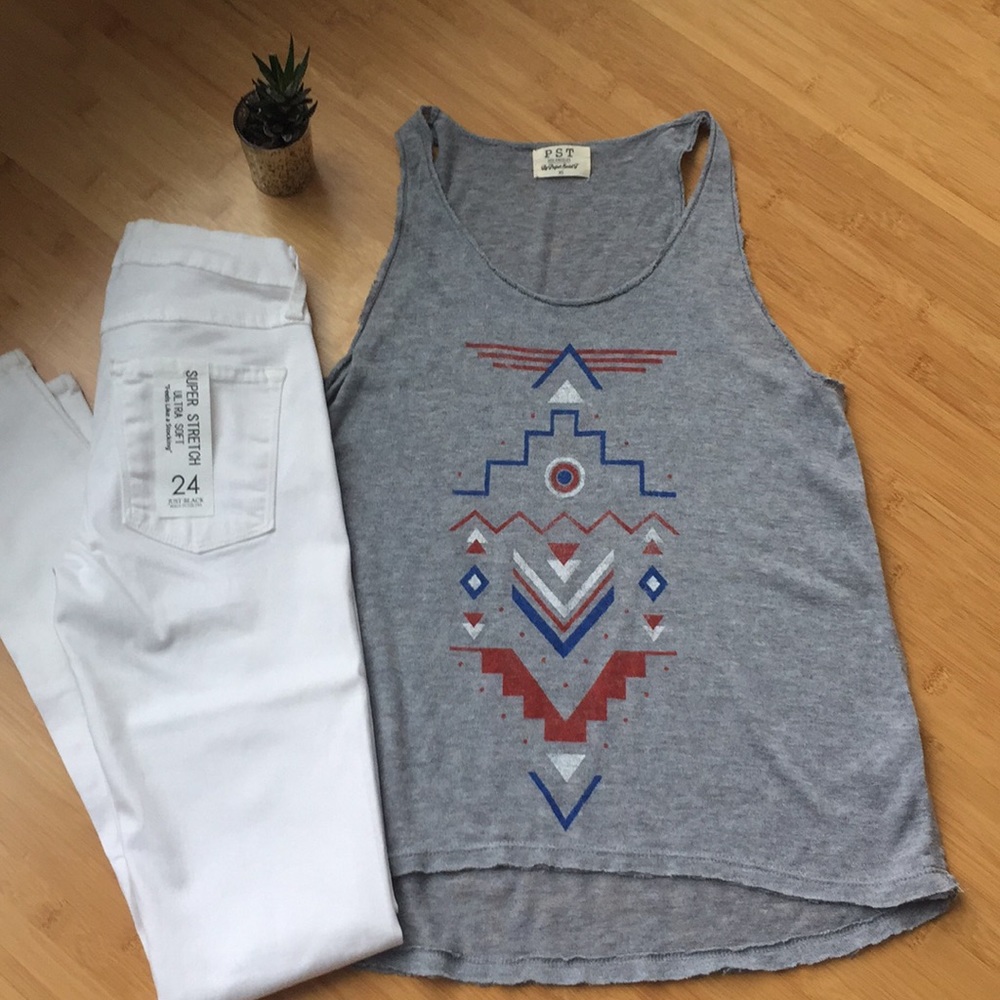 PST gray tank w/ red white & blue tribal design